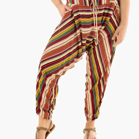 Buddha Pants Unisex Drawstring Boho Hippie Stripe Savannah Harem Pants Red - Picture 9 of 13